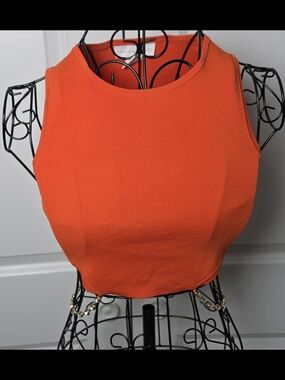 House of Harlow 1960 Tangerine Ribbed Crop Top Chain Embellished XS